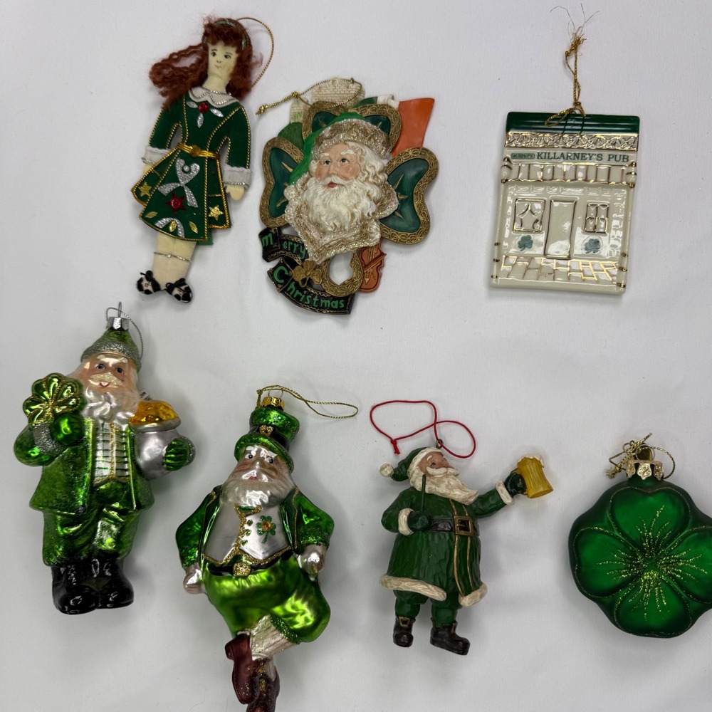 Lot of 7 Irish Christmas Ornaments Santa Shamrock Killarney Pub Irish Dancer